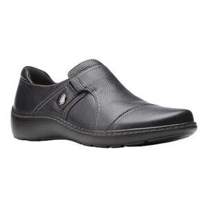 Clark’s Women’s Cora Poppy Shoes Black Tumbled Leather Slip-On Shoes